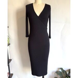 NEW ATM V Neck Stretch Rib Knit Body Con Midi Dress-Long Sleeve-Black-Sze M $345